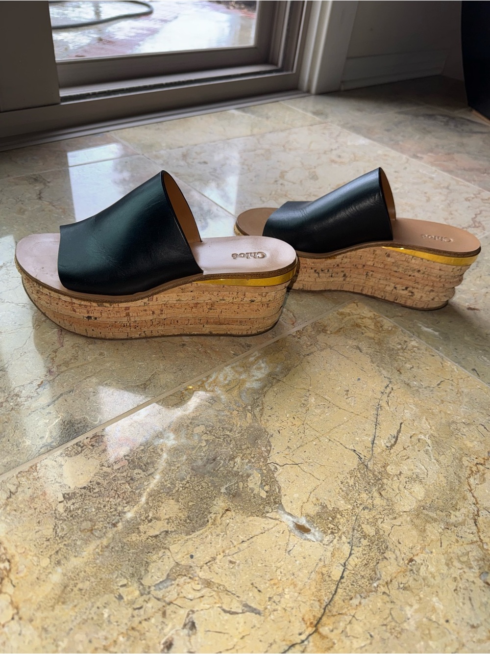 Chloe Black Leather Cork Platform Slide Mules